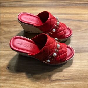 Karl Lagerfeld Paris Red Quilted Wedges with Pearls